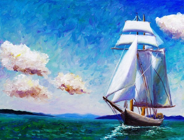 Oil Painting - Sailing Boat Against A Bright Blue Sky